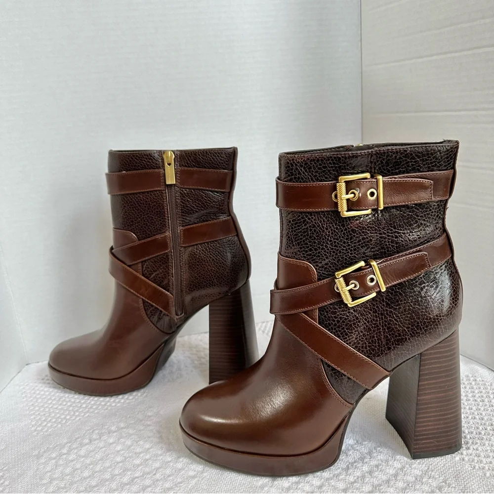 Vince Camuto Coliana Leather Platform Block Heel Brown Booties-9.5-Buckles Indie